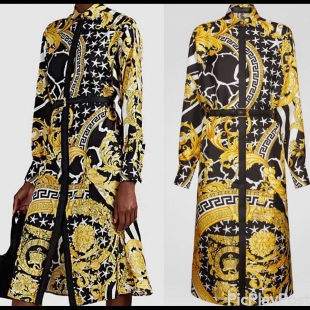 Long sleeve Print midi shirt dress silk belted